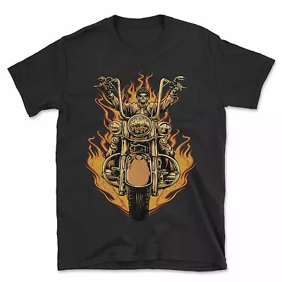 Flaming Biker T-Shirt | Motorbike Flames Undead Skull Chopper Skeleton Bike Gift • £11.95