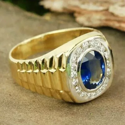 Men's 3Ct Oval Cut Simulated Blue Sapphire Wedding Ring 925 Yellow Gold Plated • $229.68