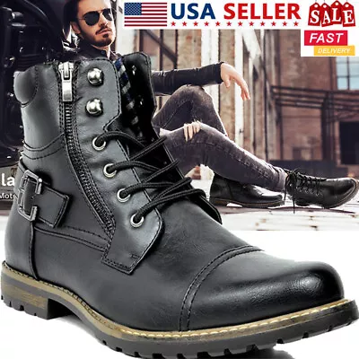 Men Motorcycle Combat Boots Military Boots Riding Ankle Leather Boots Black Size • $33.59