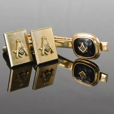 MASONIC FREEMASON Cufflinks And Tie Bar Clip Set Gold Tone Color Black Vintage • $24.83