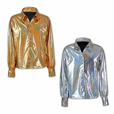 Men’s 70s Silver Gold Shirt Disco Holographic Top Glam Rock Fancy Dress Costume • £28.99