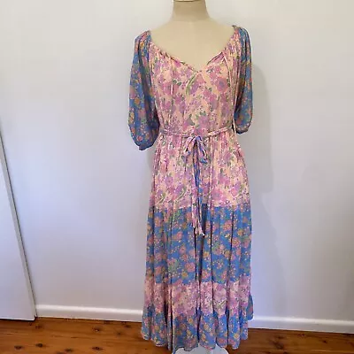 Spell & The Gypsy Juniper Tiered Gown Lilac Size Medium Pink Blue Waist Tie • $220