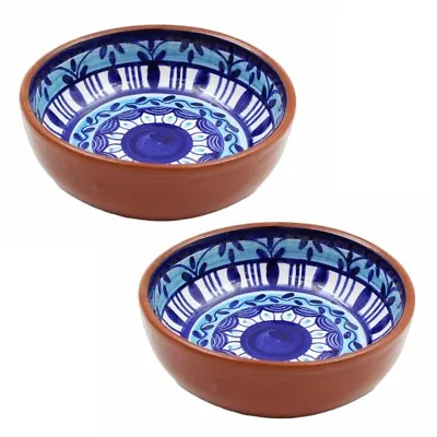 $49.95 • Buy Hand-Painted Portuguese Pottery Clay Terracotta Blue Striped Small Low Bowl Set