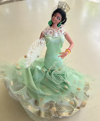 Vintage 6.5” Flamenco Dancer Doll With Built In Stand Green Gown Comb & Fan • $14.99
