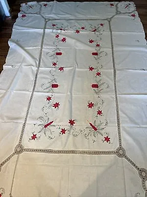 $19.99 • Buy Vintage Appliquéd Embroidered Christmas Tablecloth Poinsettias Holly Crocheted