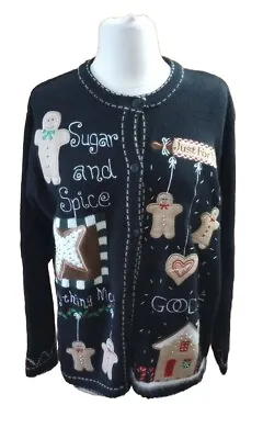 Quacker Factory Sweater Black Beaded Gingerbread Holiday Cardigan Sz S • $19.90