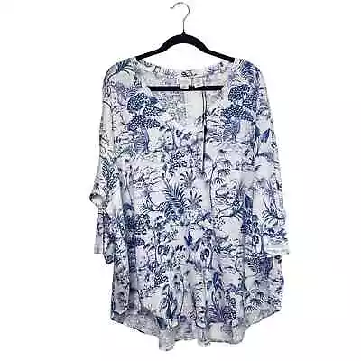 Nicole Miller 100% Linen Blue Floral Print 3/4 Sleeve Top Size 3X NWT • $19.99
