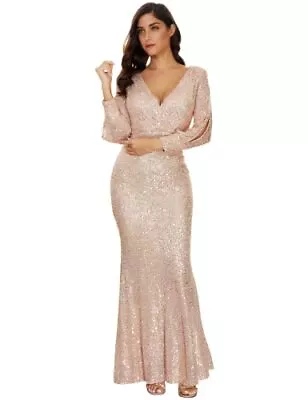 Meilun Womens Long Sleeve Full Sequins Mermaid Gown Long Prom Party Dress • $35.99