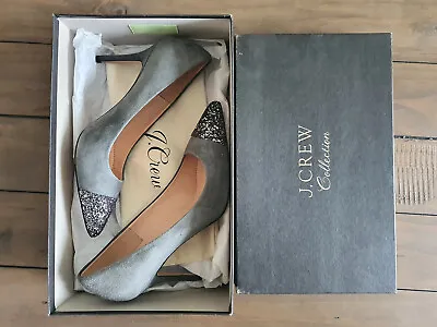 NWB JCREW Collection Elsie Suede Pumps Glitter Cap Toe Coastal Grey 6.5 235 • $69