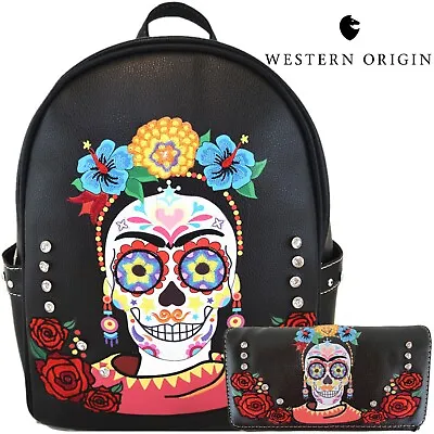 $21.95 • Buy Sugar Skull Backpack Women Day Of The Dead Daypack Calaveras Purse Wallet Black