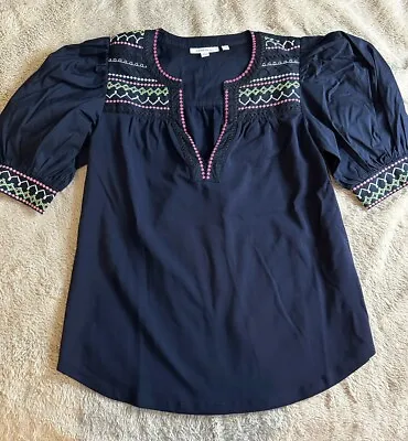 Chicos Top Size 00 XS Blue Embroidered Crochet Puff Sleeve Shirt • $18