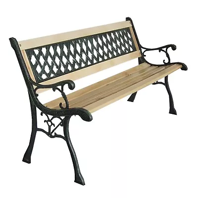 Outdoor Wooden 3 Seater Cross Lattice Garden Bench Cast Iron Leg Patio Park Seat • £49.99