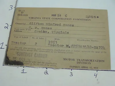 Vintage Paper - VIRGINIA 1958-59 TRACTOR ID CARD  • $27.10