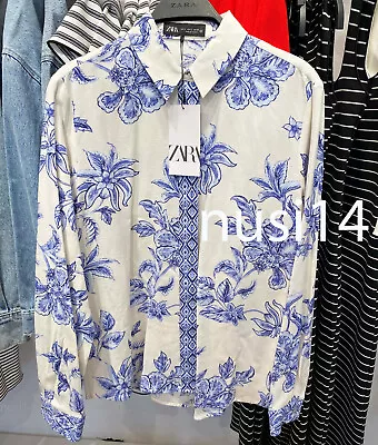 Zara New Woman Greek Floral Print Shirt Blue White Xs-xl 9878/097 • $53.88