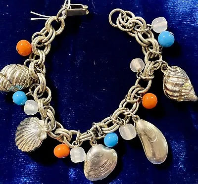 Vintage Charm Bracelet Silver Tone Seashell Ocean Fish Faux Pearls • $26