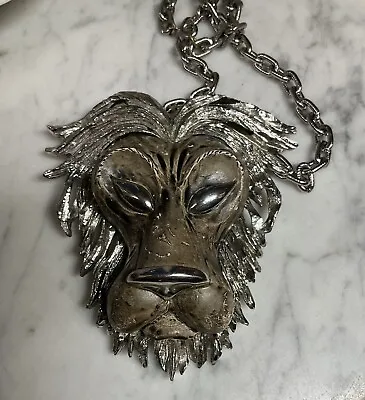 Vintage 1960s Silver Statement Lion Face Pendant Necklace LEO Zodiac Luca Razza • $94