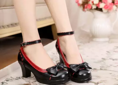 Women Retro Lolita Japanese Princess Platform Kawaii Thick Bow High Heels Shoes • £39.59