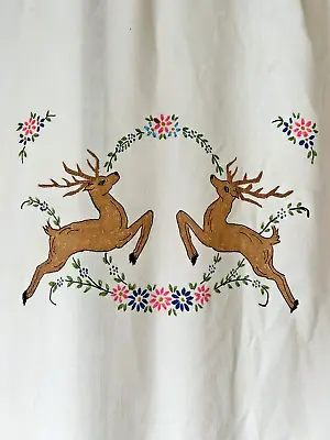 Vintage Hand Painted Mid Century Woodland Deer Bird Floral Tablecloth Tassel • $19.87