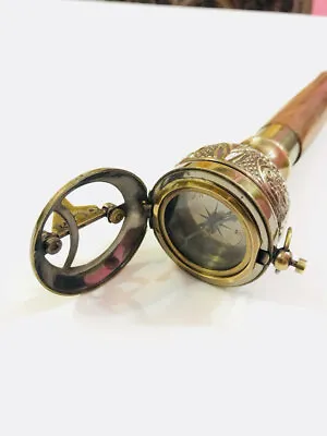 Vintage Solid Wooden Walking Stick With Crown  Compass Head Brass Design Cane  • $30.93