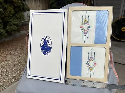 NEW Pair Of Vintage Pillowcases Hand Embroidered Flowers DUTCH DELFT BLUE NOS • $25