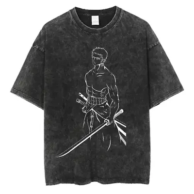 Men Black Washed T-Shirt Japanese Anime ONE PIECE Graphic T Shirt Streetwear Sum • $45.75