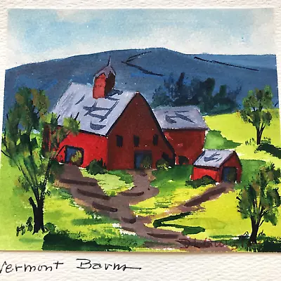 Vintage Amateur Miniature Acrylic Painting DL Quigley Red Barns Vermont 4x5  • $34.99