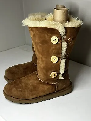 UGG Bailey Button Triplet Chestnut Color Suede Sheepskin Tall Boots Size 6 US • $26