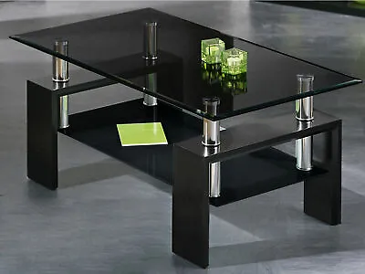 Glass Coffee Table With Storage Rectangle Modern Living Room Furniture Black • £55.99