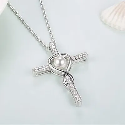 Cross 925 Silver Filled Necklaces Pendant Pretty Women White Pearl Jewelry • $2.40