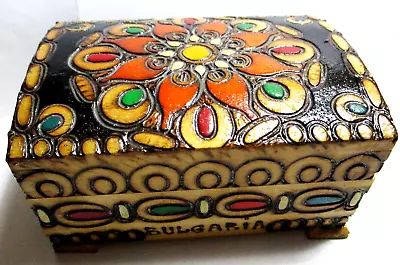 Vintage Bulgaria Folk Art Painted Pyrography Wooden Trinket Boxdove Tailed • $4.95