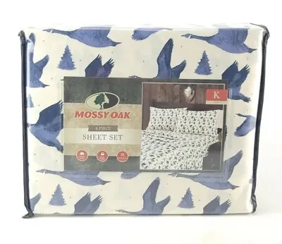 Mossy Oak King Bed 4 Pc Sheet Set White Blue Ducks Tree Hunting Lodge Cabin Soft • $45.50