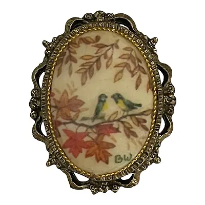 Vintage Hand Painted Brooch Pin With Birds On Branch Tree Leaves Signed Initials • $19.99