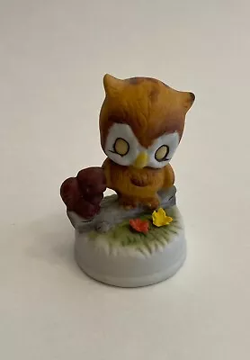 Vintage 3  Ceramic Sleepy Baby Owl With Squirrel On Log Figurine Made In Taiwan • $9.95