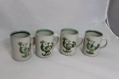 Set Of 4 Vintage MA Hadley Stoneware Pottery Green And Brown Bird Mug Cup • $160