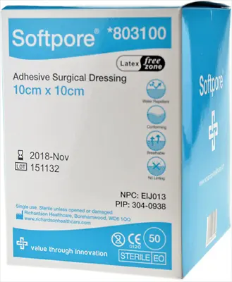 Softpore 803100 Adhesive Dressing 10 Cm X 10 Cm Pack 50 • £13.35