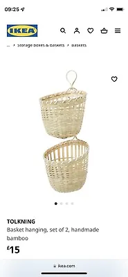 Brand New With Tags IKEA TOLKNING 2 Hanging Bamboo Woven Natural Storage Baskets • £8.50