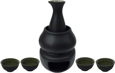 Hot Sake 7pcs Set 1 Candle Stove 1 Warming Mug 1 Sake Pot And 4 Sake Cups Black • $64.99