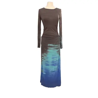 Michelle Jonas Long Sleeve Maxi Dress Boat Neck Cut Out Beach Vacation Grey Blue • $89.99
