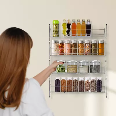 4 Tier Stainless Steel Spice Rack Kitchen Wall Mounted Jar Herb Storage Holder • £12.99