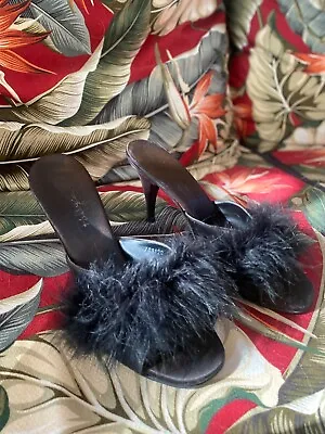 Vintage 1960s Marabou Feather Slippers | Size 9 | Black Satin | High Heel Sexy • $75