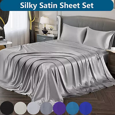 Silk Satin 2000TC 4Pcs Sheet Set Flat Fitted Sheet&Pillowcase Double Queen King • $35.99