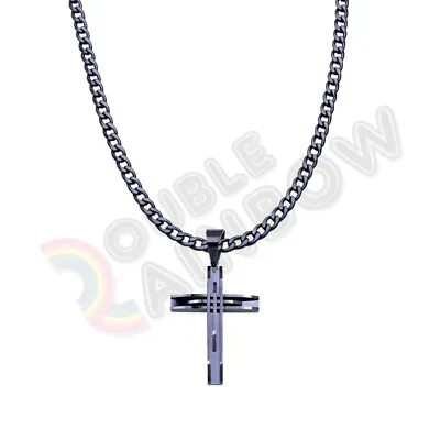 Men Stainless Steel Black Cross Pendant 3mm-12mm Cuban Necklace Chain 8P02 • $15.48