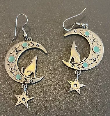 Vintage JJ Jewelry Co. 1988 Dangle Earrings~ Wolf Moon Star Southwestern Style • $9.95
