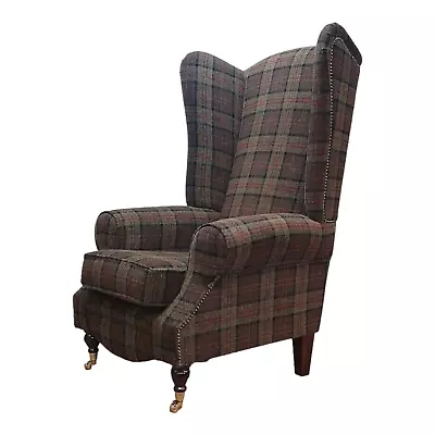 Wing Back Queen Anne Fireside Extra Tall High Back Chair Lana Green Tartan • £619