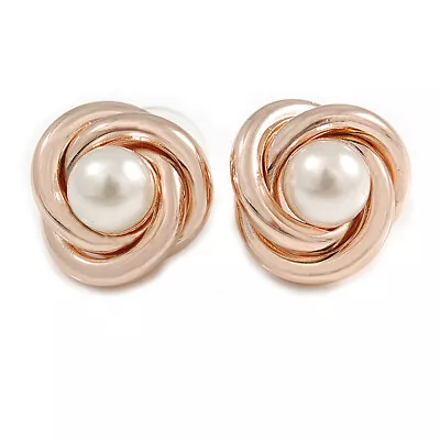 Polished Rose Gold Tone Knot With Faux Pearl Bead Stud Earrings - 17mm D • £8.77