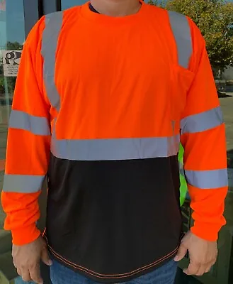 Orange High Visibility Long Sleeve Safety Shirt Reflective / Black Bottom 901-OR • $11.99