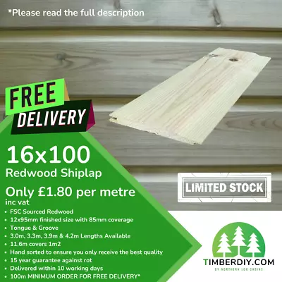 SHIPLAP TIMBER CLADDING 16x100 TREATED WOOD TONGUE & GROOVE FREE DELIVERY LOGLAP • £1.80