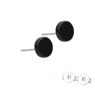 Women Men Sterling Silver Black Onyx Round Flat Stud Earrings 8mm PE35 • $10.95