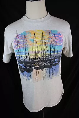 VTG 1990 Boats Sailing T-Shirt Single Stitch Gray Men's Size Large Made In USA • $40