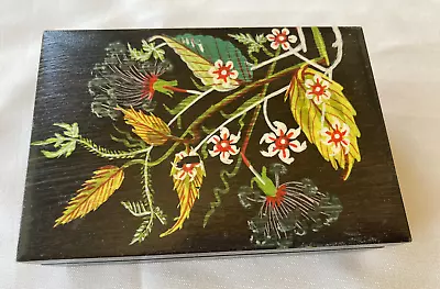 Vintage Black Tole Painted Wood Trinket Cigarette Jewelry Box Folk Art • $6.99